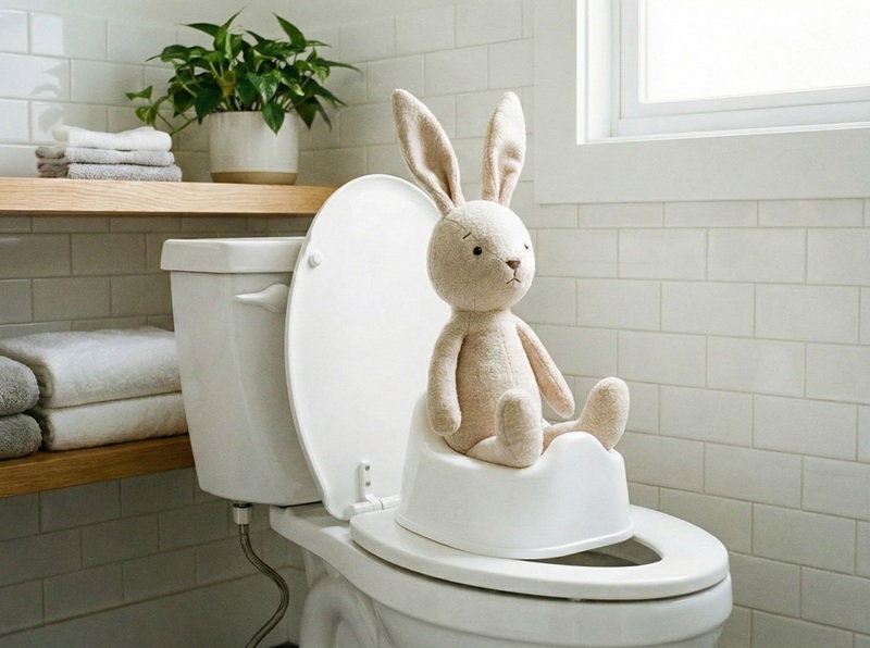 白いウサギのぬいぐるみが補助便座にすわっている