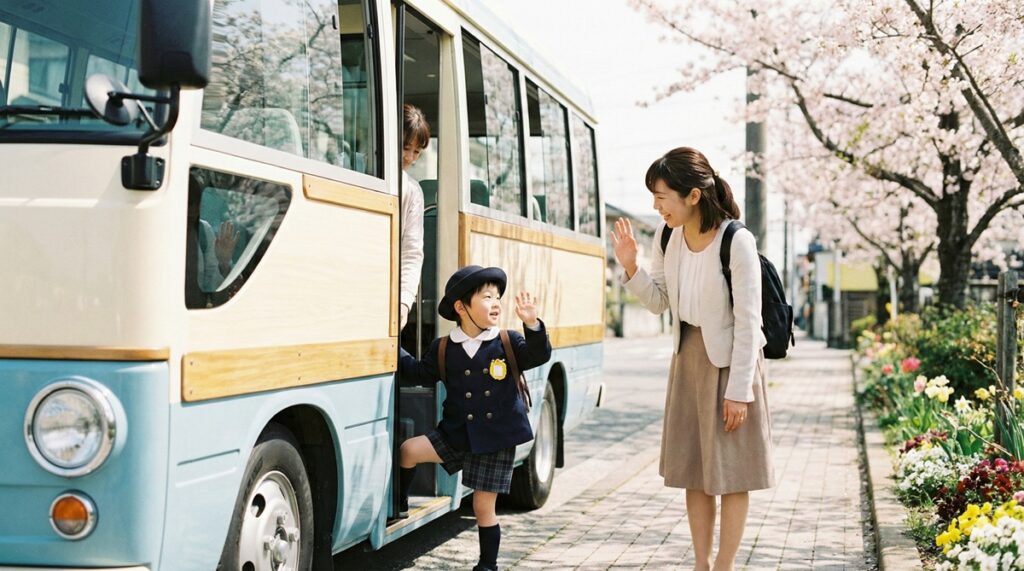 幼稚園バスに乗り込む3歳くらいの男の子と見送る女性