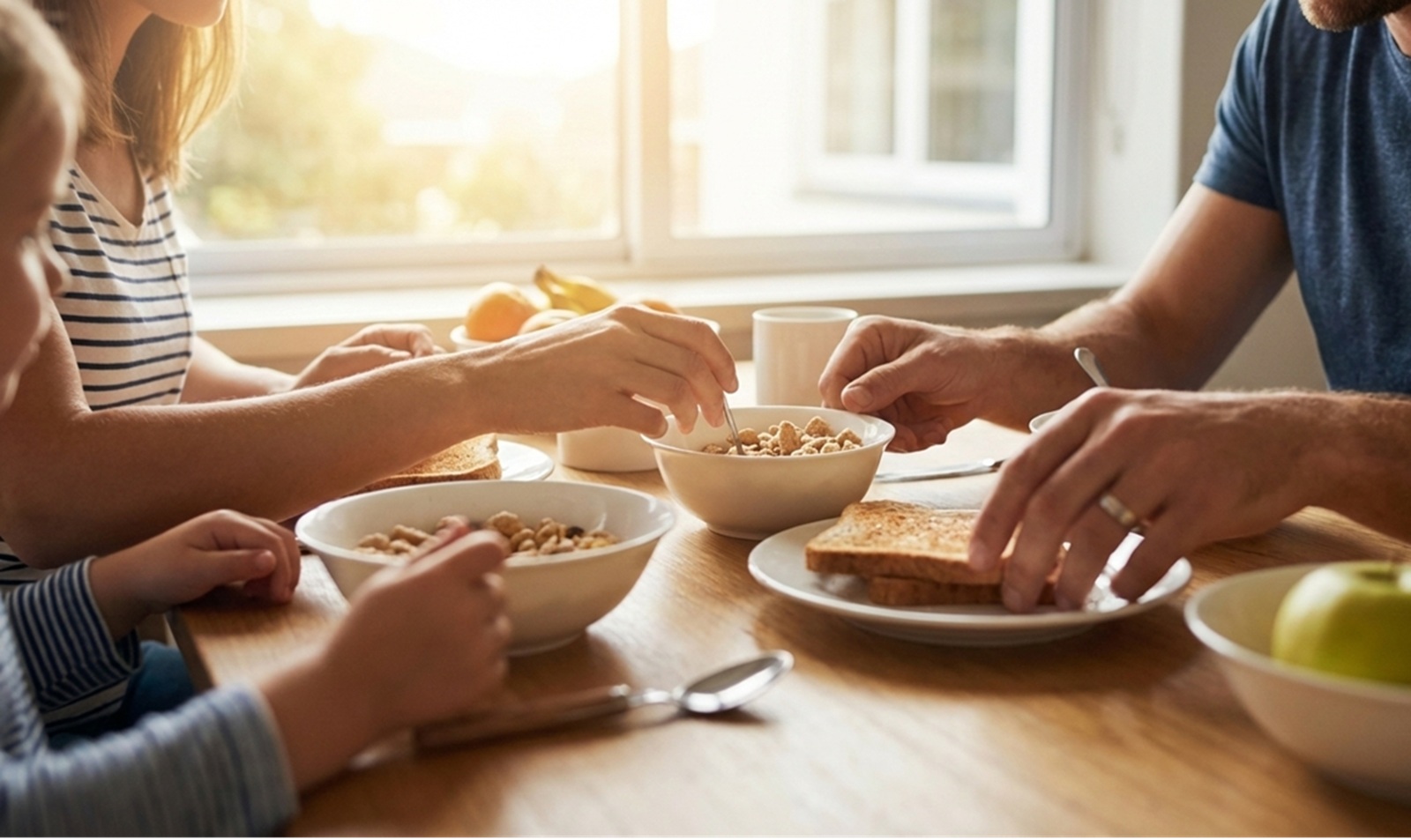 朝の食卓で家族が朝食を囲む手元の写真