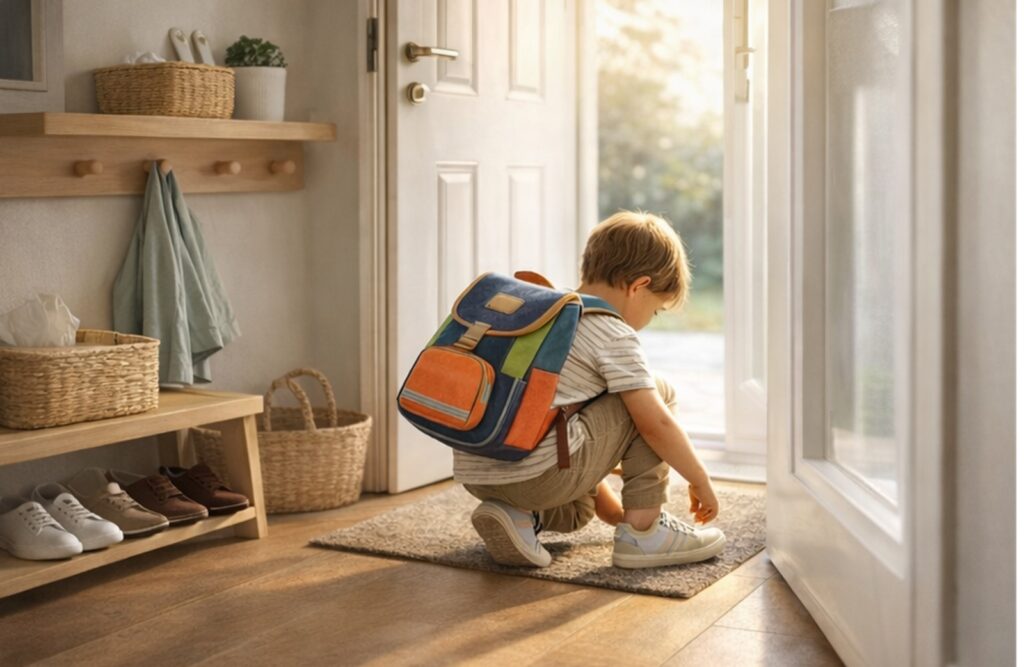 玄関で子どもがしゃがんで靴を履き、リュックを背負っている後ろ姿