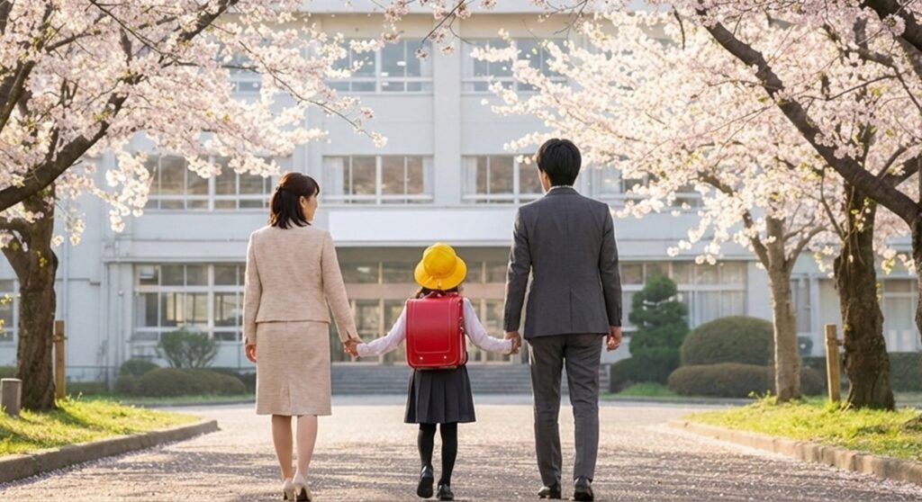 桜の並木道で黄色い帽子の新一年生が保護者と手をつないで校舎へ向かう後ろ姿