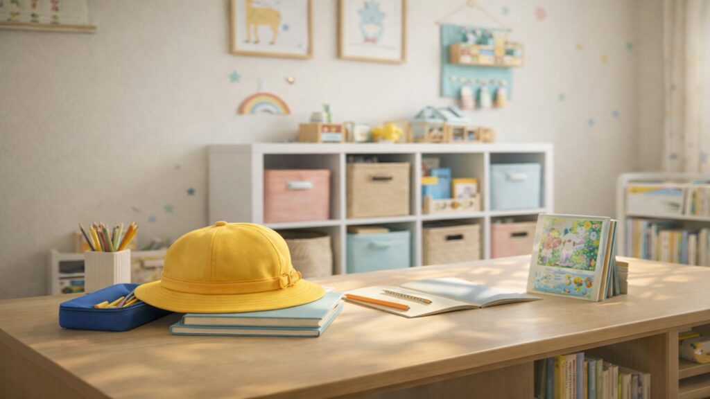 入学準備の机に黄色い帽子と文具が置かれ、明るい子ども部屋で学用品が整っている様子