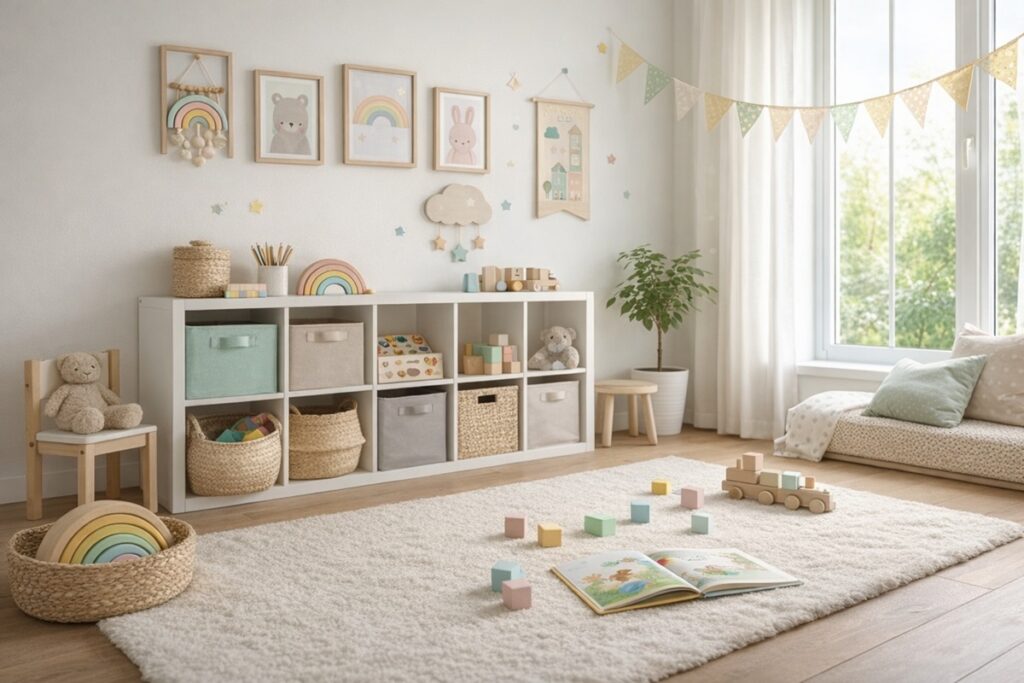 明るい子ども部屋で収納棚と箱が見え、積み木と絵本が床に置かれている様子