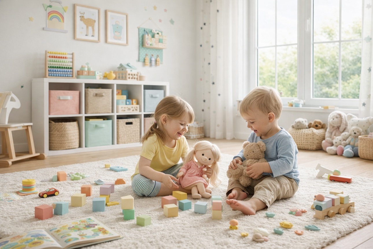 明るい子ども部屋で幼いきょうだいがブロックや人形で遊び、収納棚が背景に見える様子