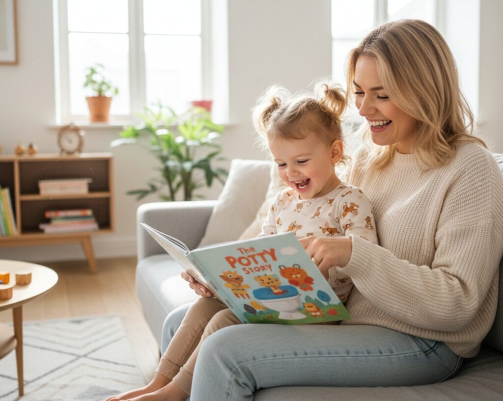 2歳～3歳くらいの髪をふたつに結んだ女の子と女性がトイレの絵本をよんでいる