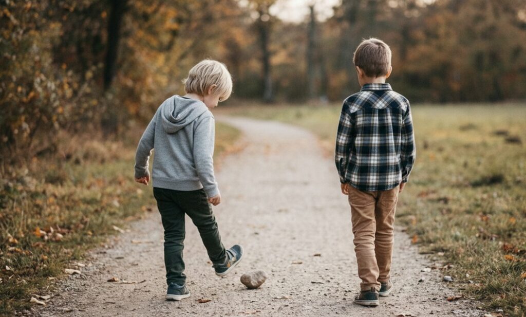 男の子ふたりが道を歩いている