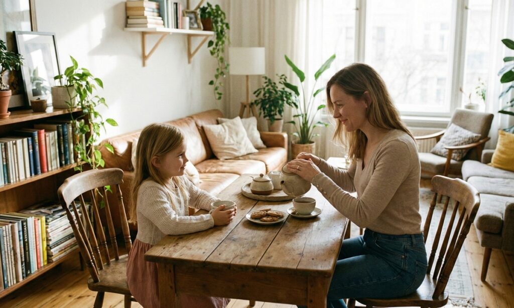 女の子と女性が笑顔でクッキーとお茶を飲んでいる