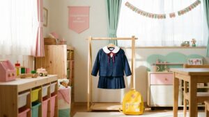 女の子の幼稚園の制服が子ども部屋にかけてある