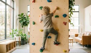 5歳くらいの男の子が室内でクライミングをしている後ろ姿