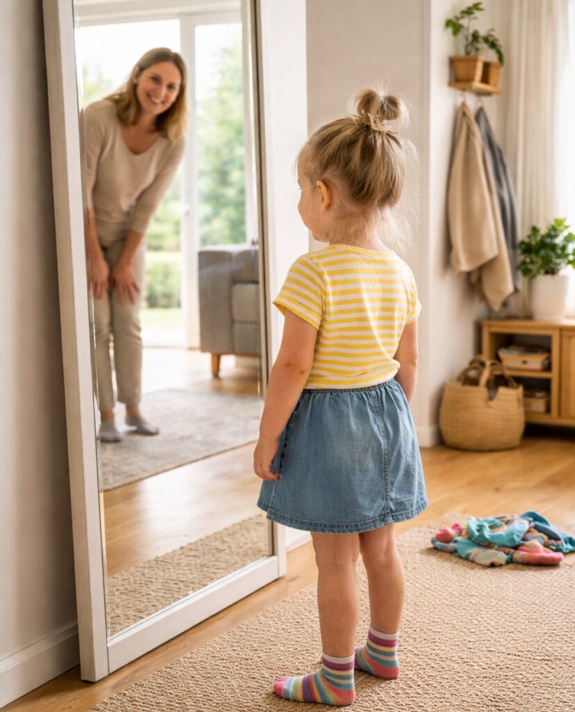 鏡の前で着替えた服をチェックしている子どもの後ろ姿を、少し離れた場所から母親が笑顔で見守っている様子