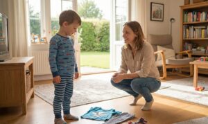 床に置いた服を前に立つ男の子を、母親がしゃがんで見守っている様子