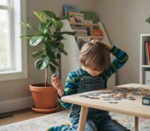 パズルのピースを手に考え込む男の子の様子