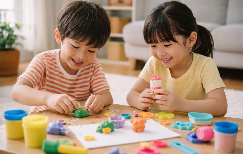 子ども2人が室内のテーブルで粘土遊びをしている後ろ姿


