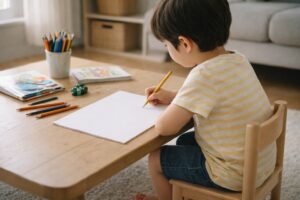 小さな椅子に座った子どもが、白い画用紙の前で鉛筆を持ち、一筆目が出せずに迷っている様子