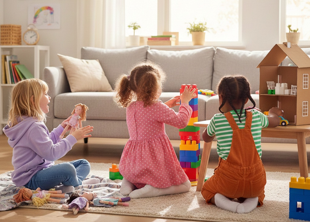 明るいリビングでブロック遊びをする子どもたち