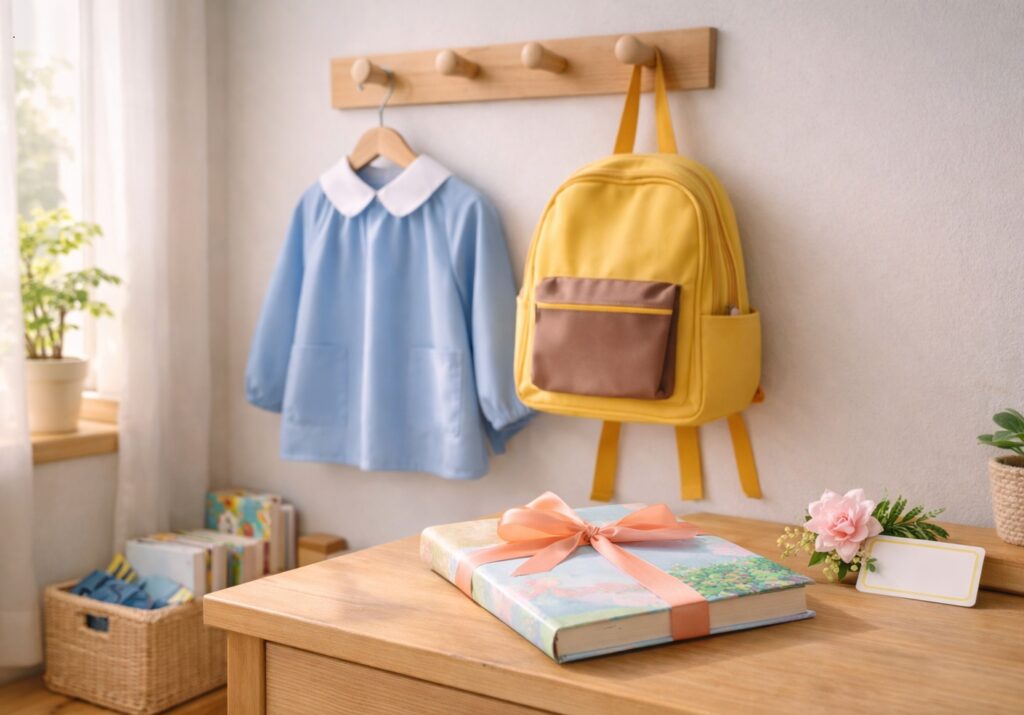 子ども部屋の壁にスモッグと園バッグが掛かり、ラッピングした絵本とコサージュが置かれている卒園プレゼントのイメージ