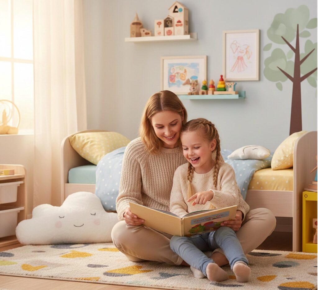 親子が子ども部屋で絵本を読み、笑顔で落ち着いて過ごしている