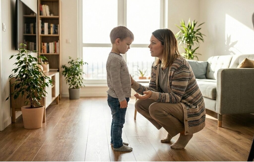 母親が子どもに目線を合わせ、リビングでやさしく話を聞いている
