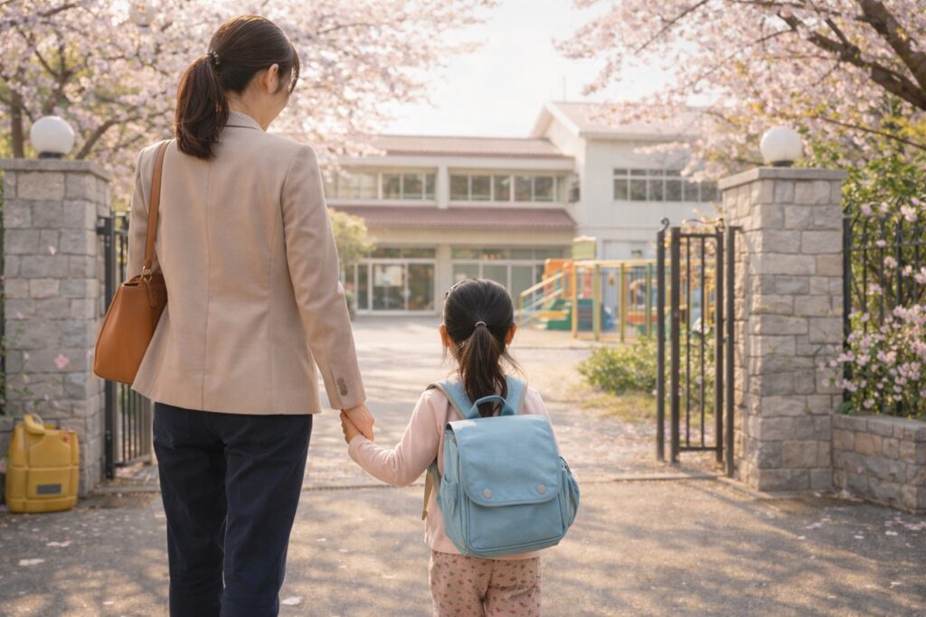 幼稚園の門の前で母親が子どもと手をつなぎ、登園前に立ち止まっている朝の様子
