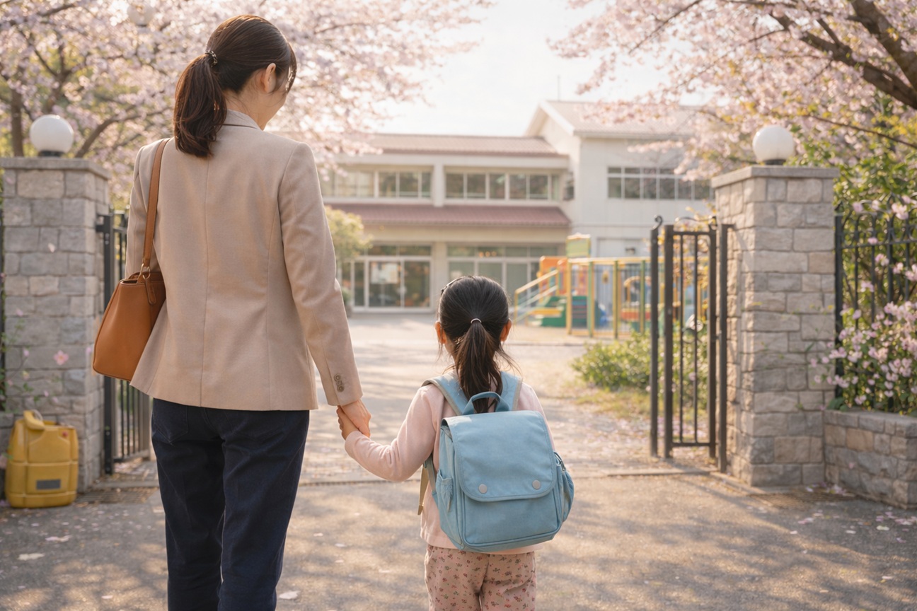 幼稚園の門の前で母親が子どもと手をつなぎ、登園前に立ち止まっている朝の様子