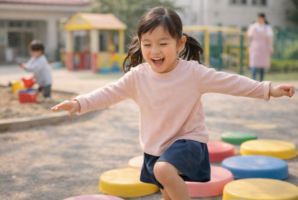 幼稚園・保育園で子どもが明るい表情で遊び、登園後の時間を楽しんでいる様子