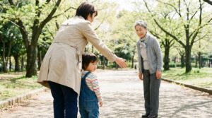 公園で年配の女性にあいさつする親子