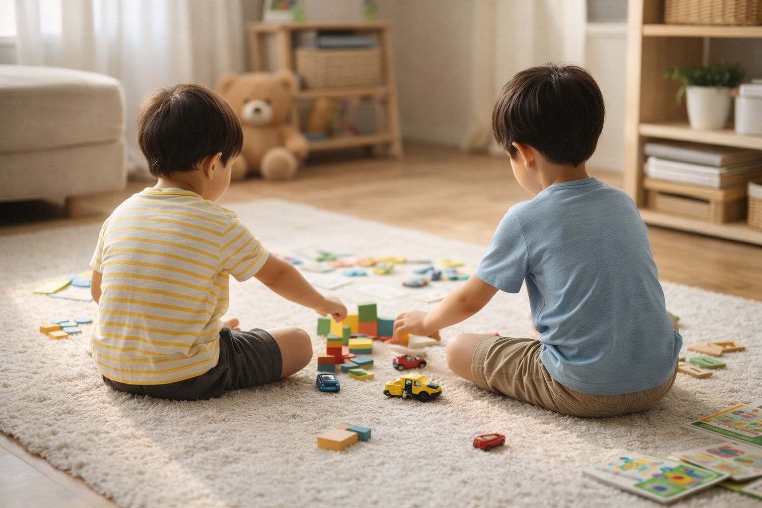 リビングのラグでブロックとミニカーで遊ぶ6歳と3歳の男の子きょうだいの後ろ姿