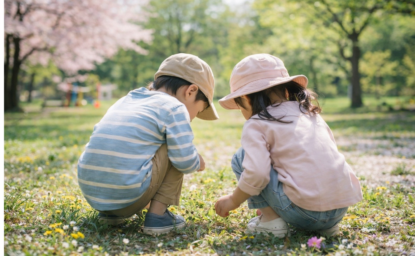 春の公園で、きょうだいがしゃがんで草花や小さな生きものを見つけている後ろ姿