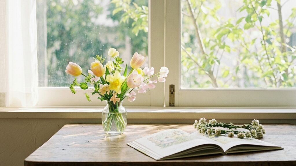 春の花を飾った窓辺のテーブルに、開いた絵本が置かれている明るい室内の様子