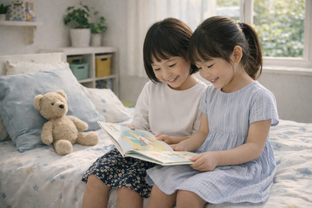 小学生の女の子2人がベッドの上で絵本を一緒に読んでいる様子