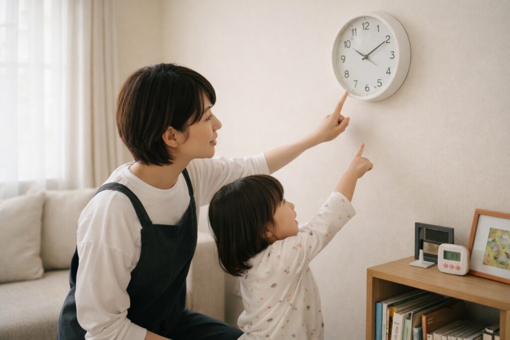 リビングで、ショートヘアの母親と3～4歳くらいの女の子がアナログの壁掛け時計を指さし、時間に目を向けている場面