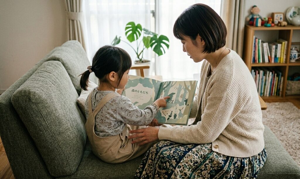 ソファで絵本を開き、指さしながら話す親子の後ろ姿