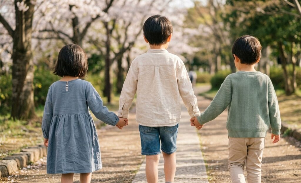 春の小道で手をつないで歩く3人の子どもの後ろ姿