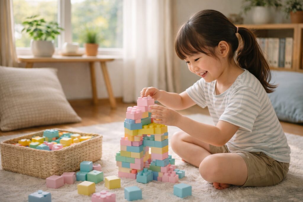 自然光のリビングでパステルのブロックを組む女の子