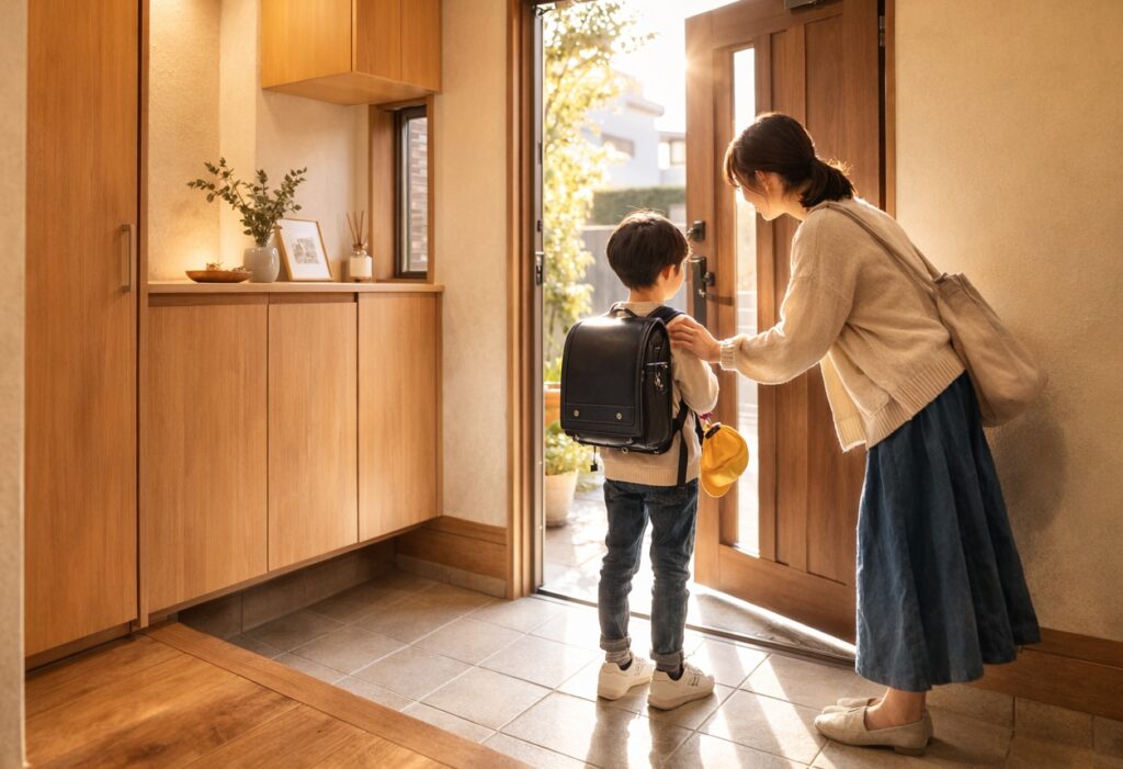 朝の玄関で小学生の男の子を見送る母の後ろ姿