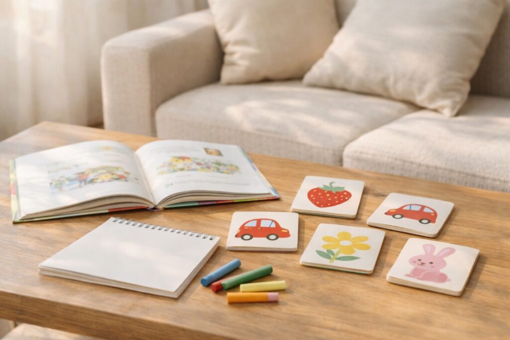 朝のやわらかい光が入るリビングのローテーブルに、開いた絵本と白紙のお絵かき帳、クレヨン、いちご・くるま・花・うさぎのイラストカードが並んでいる様子