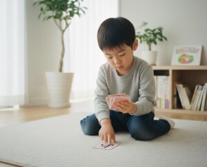 明るいリビングのラグの上で、小さな男の子がカードを手に取り、床に置いたカードを指さしながら遊んでいる様子