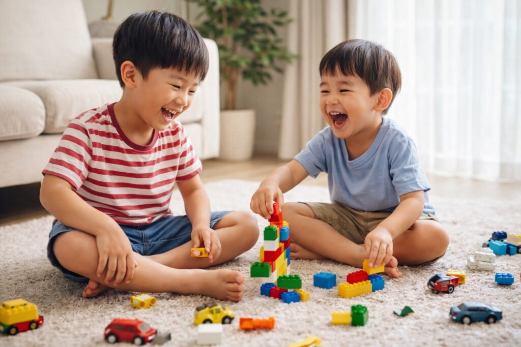 リビングのラグでブロックとミニカーを囲み、笑い合って遊ぶ男の子のきょうだい