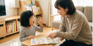 リビングのローテーブルで、母親が絵本を開きながら数字を指さし、幼児が身を乗り出して興味深そうに見ている様子