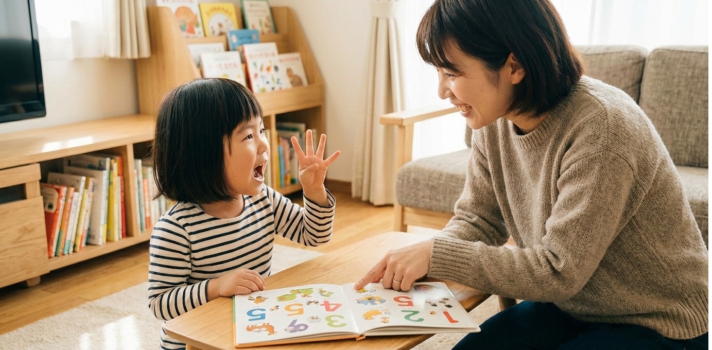 リビングのローテーブルで、母親が絵本を開きながら数字を指さし、幼児が身を乗り出して興味深そうに見ている様子