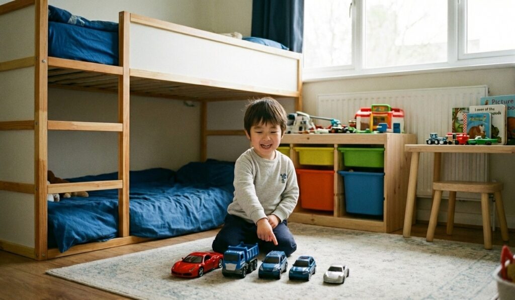 子ども部屋のラグの上で、幼児がミニカーを並べて遊びながら数を意識していそうな様子