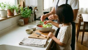キッチンのカウンターで、親子がレタスとミニトマトをボウルに入れながらサラダを準備している手元の様子