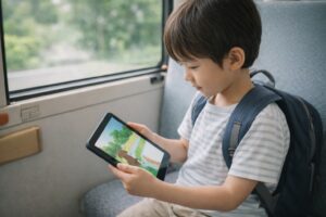 移動中にタブレットで絵本を読む子どもの様子