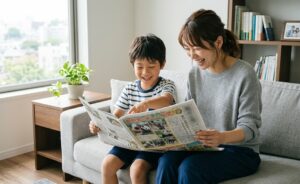 ソファで子ども新聞を広げて読む親子の様子