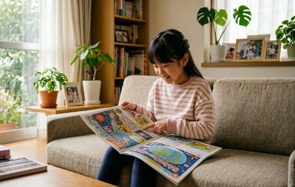 ソファで子ども新聞を読んでいる女の子の様子