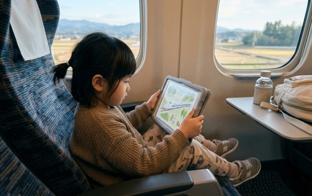移動中の電車でタブレットの絵本を見る女の子の様子