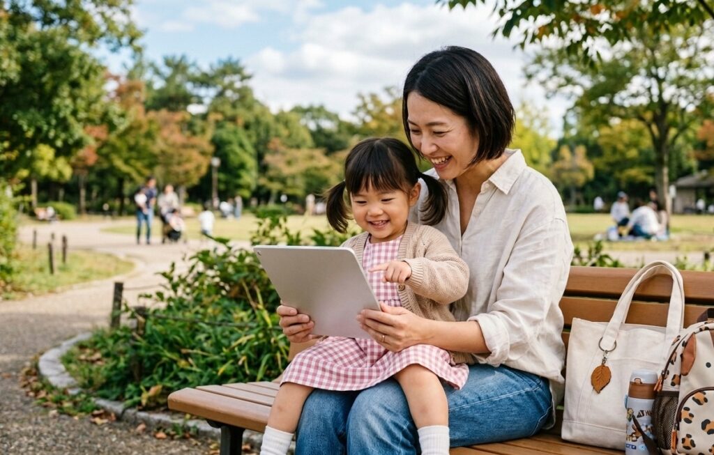 公園のベンチでタブレットの絵本を楽しむ親子の様子