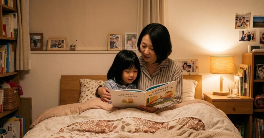寝る前に紙の絵本を読み聞かせする親子の様子