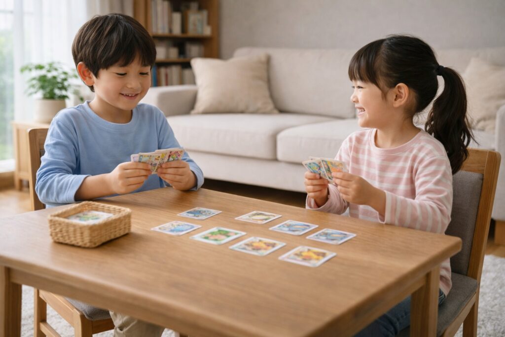 リビングのテーブルでカードゲームを楽しむきょうだいの様子