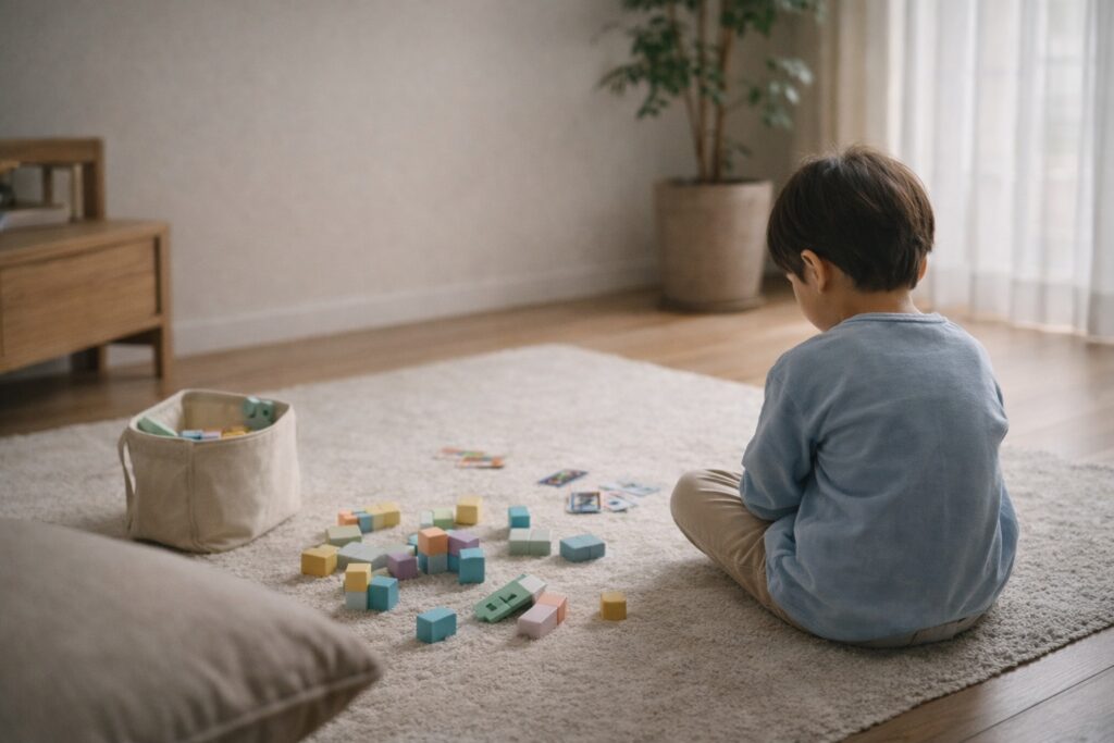 ブロックの前で気持ちを落ち着けている子どもの後ろ姿